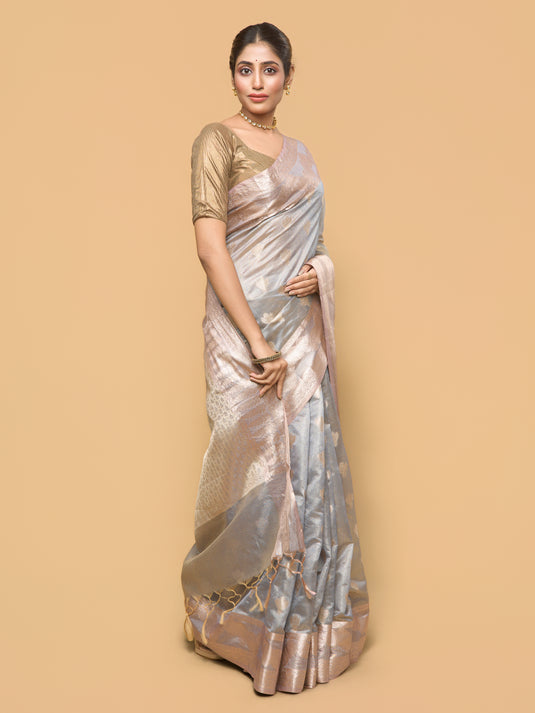 Grey Zari Woven Tussar Silk Saree