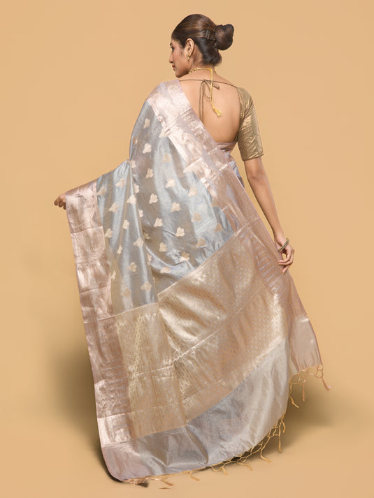 Grey Zari Woven Tussar Silk Saree