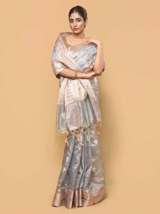 Grey Zari Woven Tussar Silk Saree