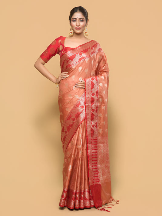 Peach Zari Woven Banarasi silk saree