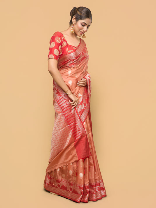 Peach Zari Woven Banarasi silk saree
