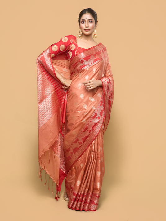 Peach Zari Woven Banarasi silk saree