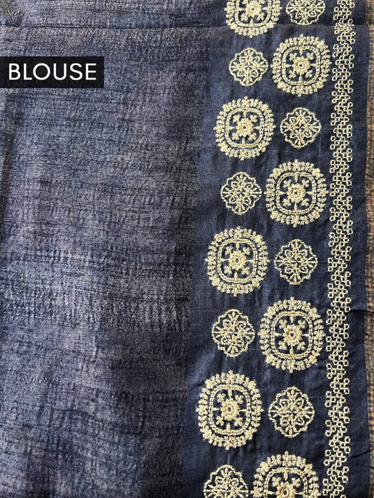 Blue Tussar Printed Saree