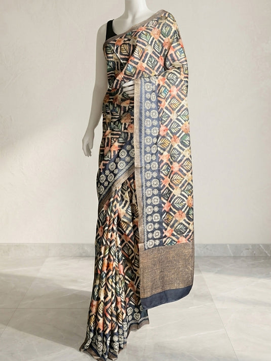 Blue Tussar Printed Saree