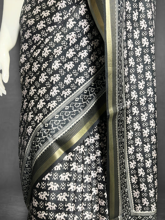 Black Tussar Printed Saree