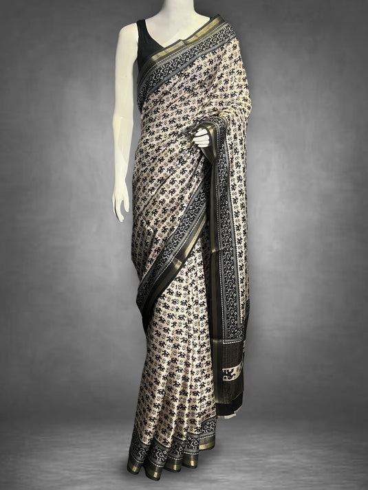 Beige Tussar Printed Saree