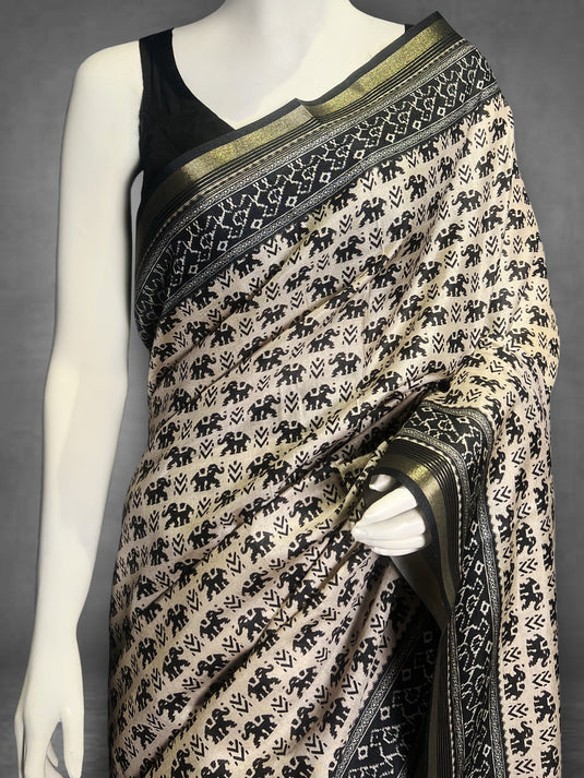 Beige Tussar Printed Saree