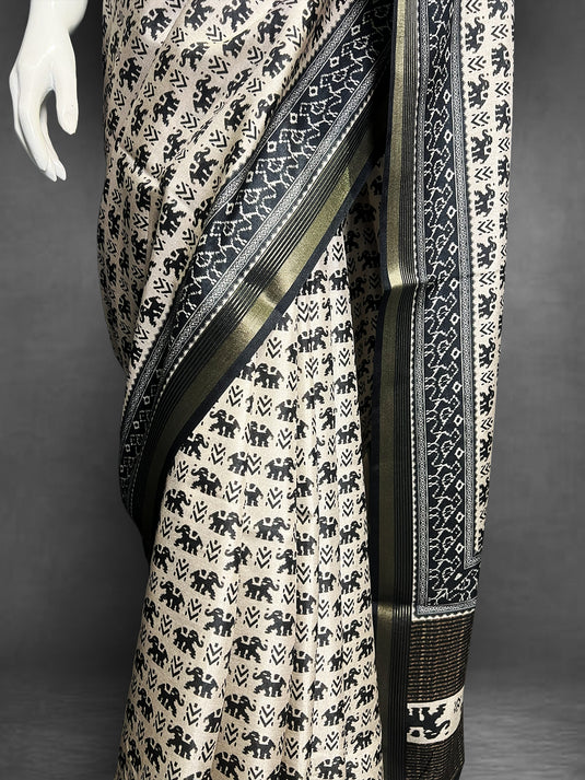 Beige Tussar Printed Saree