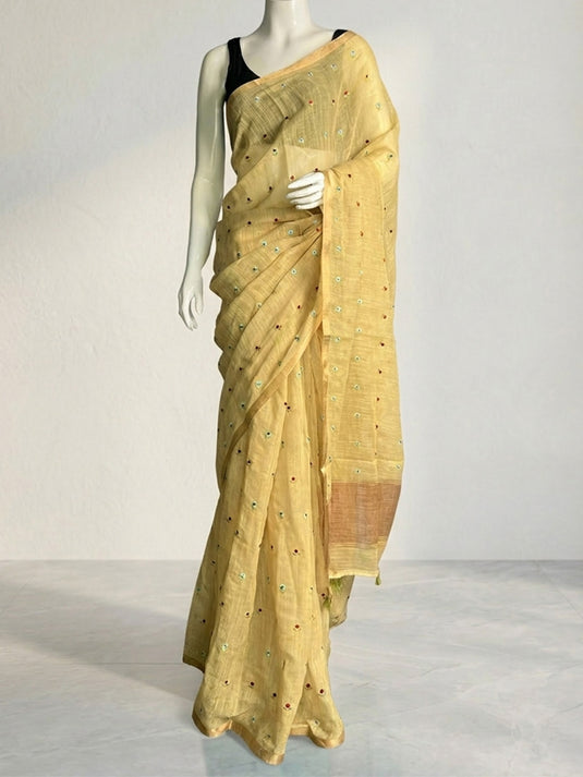 Yellow Cotton Embroidered Saree