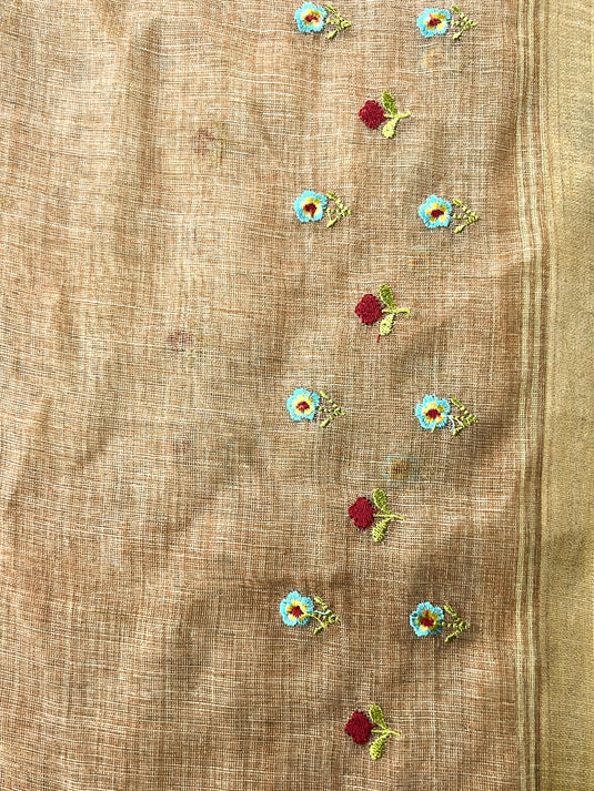 Yellow Cotton Embroidered Saree