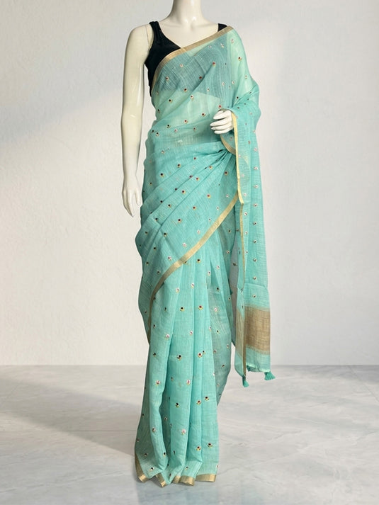 Blue Cotton Embroidered Saree