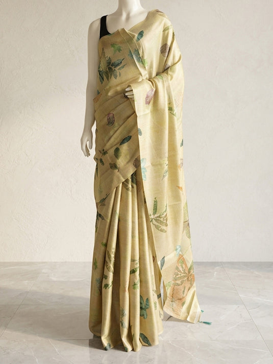 Yellow Tussar Printed Saree