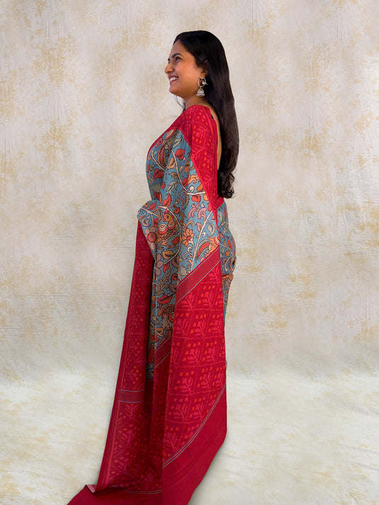 Blue Tussar Silk Kalamkari Printed Saree