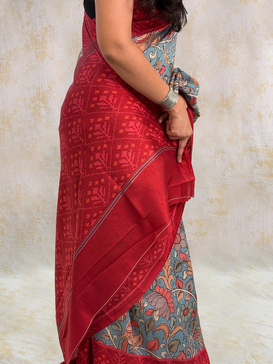 Blue Tussar Silk Kalamkari Printed Saree
