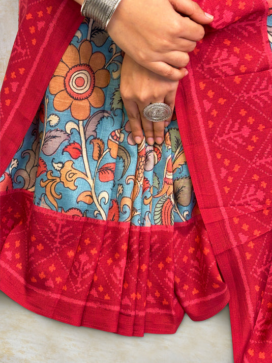 Blue Tussar Silk Kalamkari Printed Saree