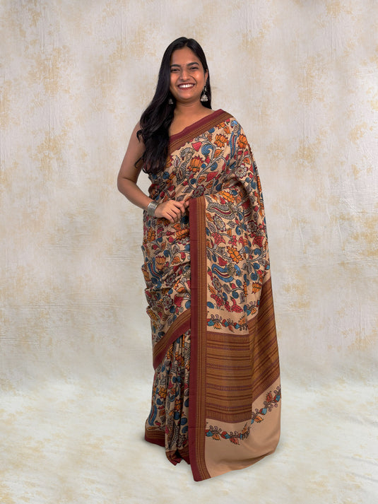 Beige Tussar Silk Kalamkari Printed Saree