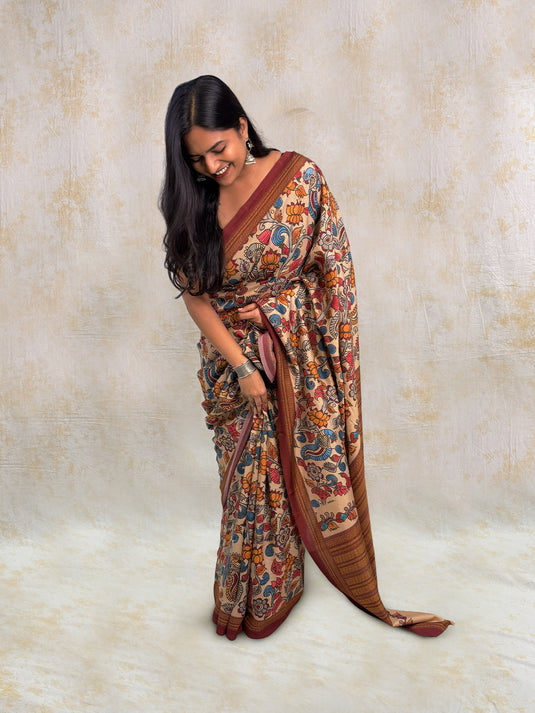Beige Tussar Silk Kalamkari Printed Saree