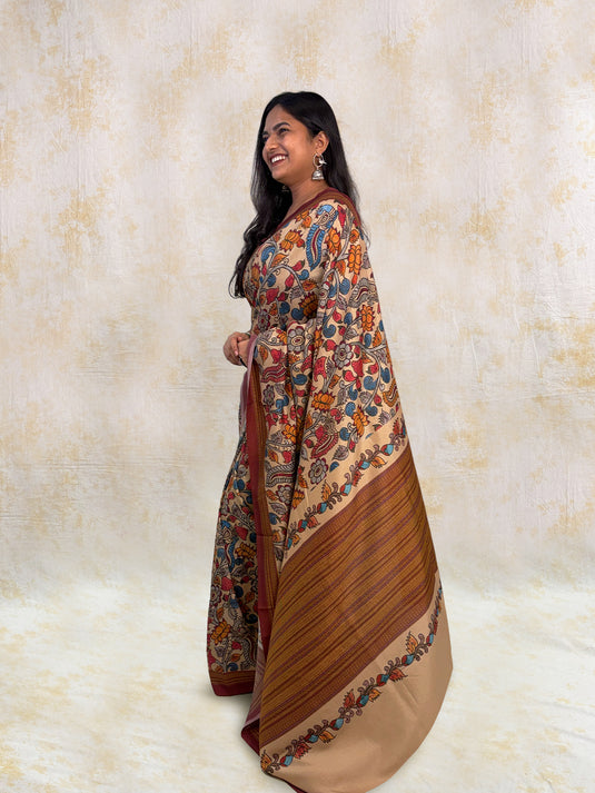 Beige Tussar Silk Kalamkari Printed Saree