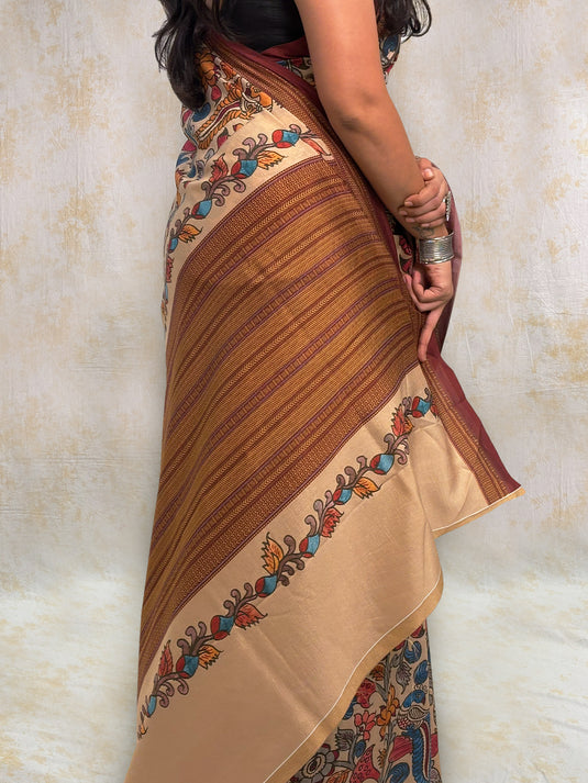 Beige Tussar Silk Kalamkari Printed Saree