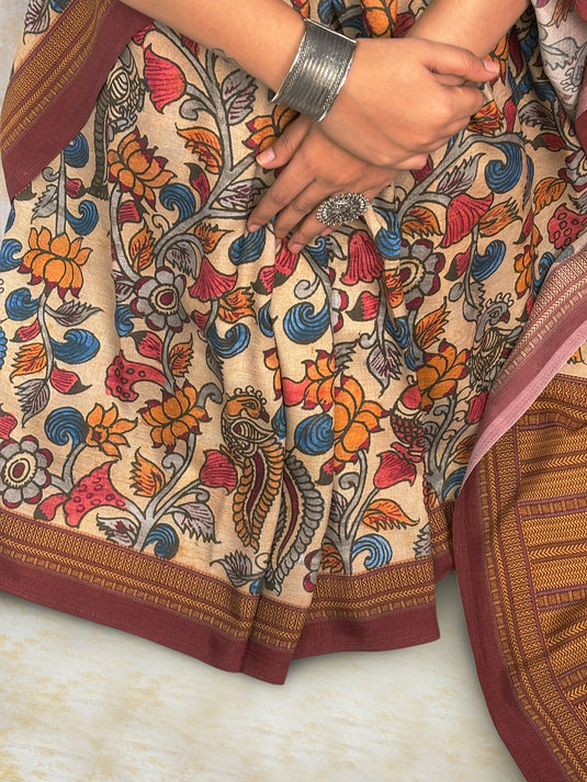Beige Tussar Silk Kalamkari Printed Saree