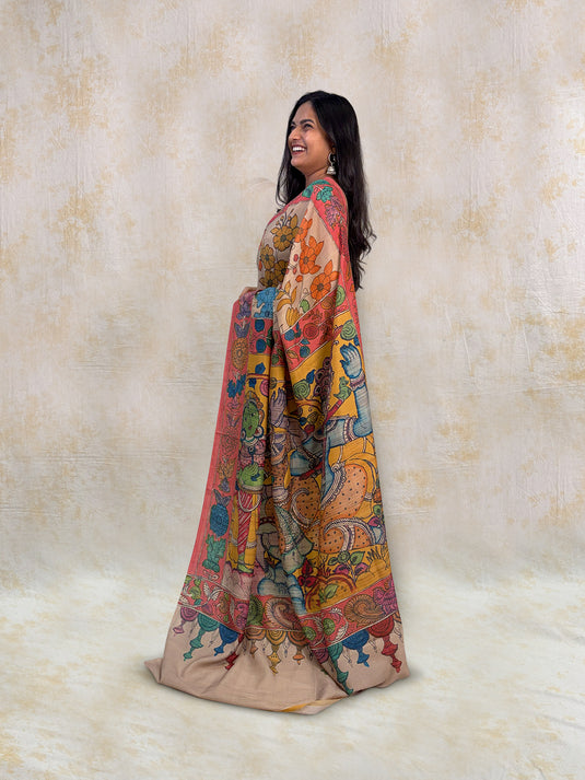 Beige Tussar Silk Kalamkari Printed Saree