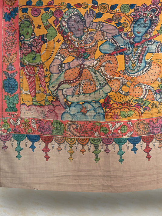 Beige Tussar Silk Kalamkari Printed Saree