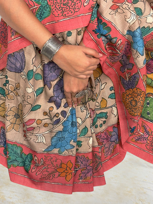 Beige Tussar Silk Kalamkari Printed Saree