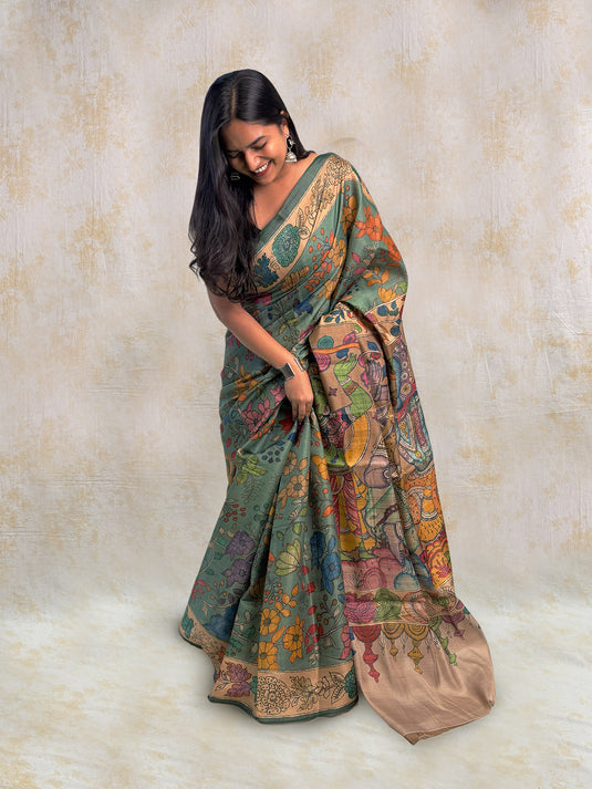 Green Tussar Silk Kalamkari Printed Saree