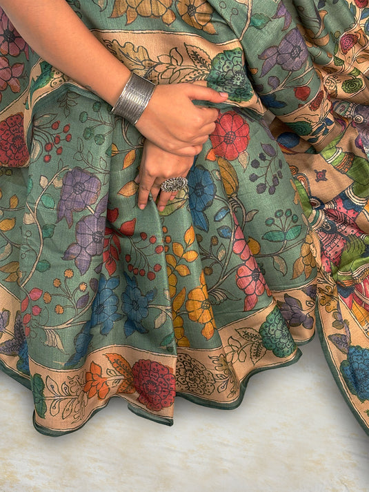 Green Tussar Silk Kalamkari Printed Saree