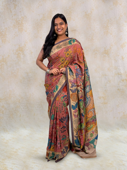 Pink Tussar Silk Kalamkari Printed Saree