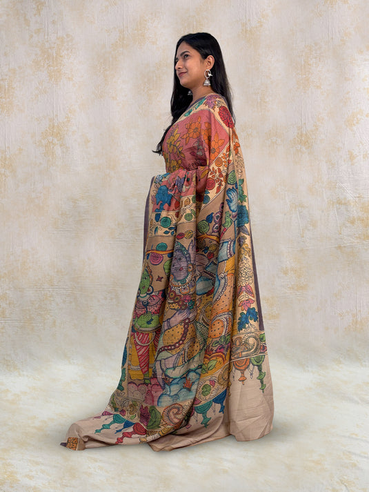 Pink Tussar Silk Kalamkari Printed Saree