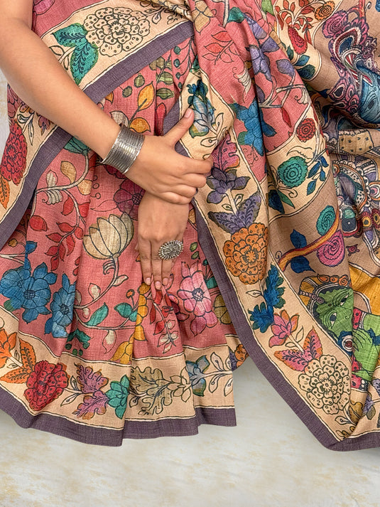 Pink Tussar Silk Kalamkari Printed Saree
