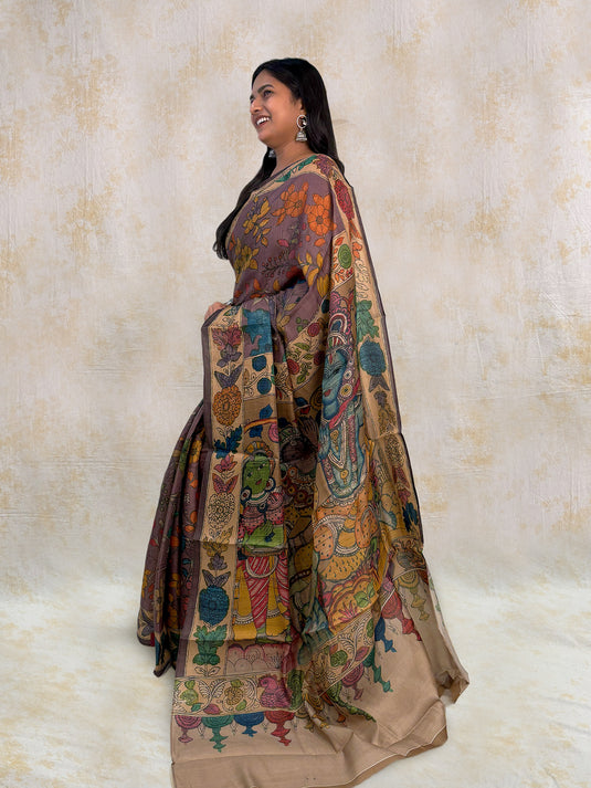 Purple Tussar Silk Kalamkari Printed Saree