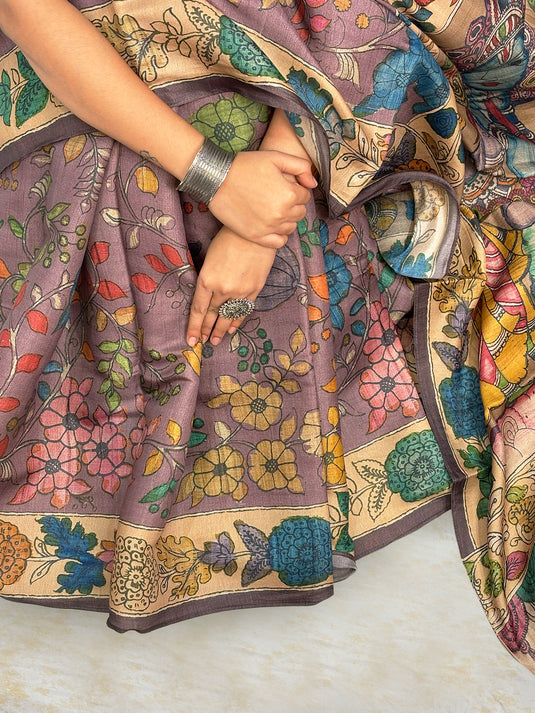 Purple Tussar Silk Kalamkari Printed Saree