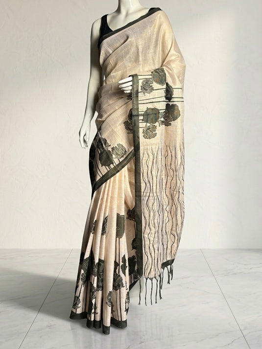 Beige Linen Printed Saree