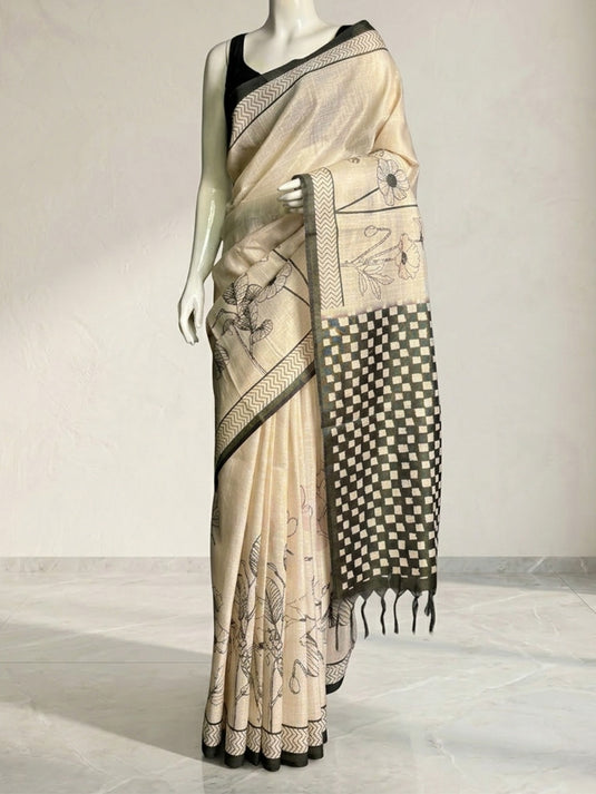 Beige Linen Printed Saree