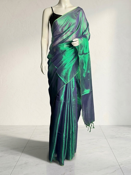 Green Cotton Tissue Plain Saree