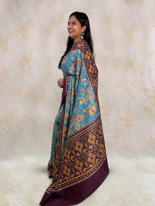 Blue Tussar Silk Kalamkari Printed Saree