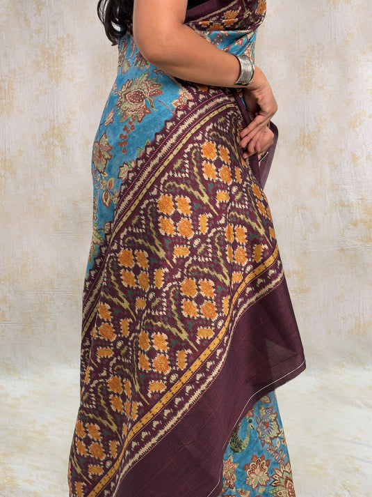 Blue Tussar Silk Kalamkari Printed Saree