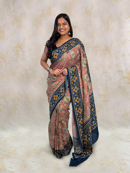 Pink Tussar Silk Kalamkari Printed Saree
