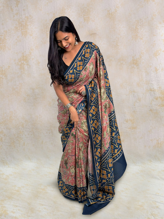 Pink Tussar Silk Kalamkari Printed Saree