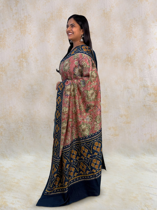 Pink Tussar Silk Kalamkari Printed Saree