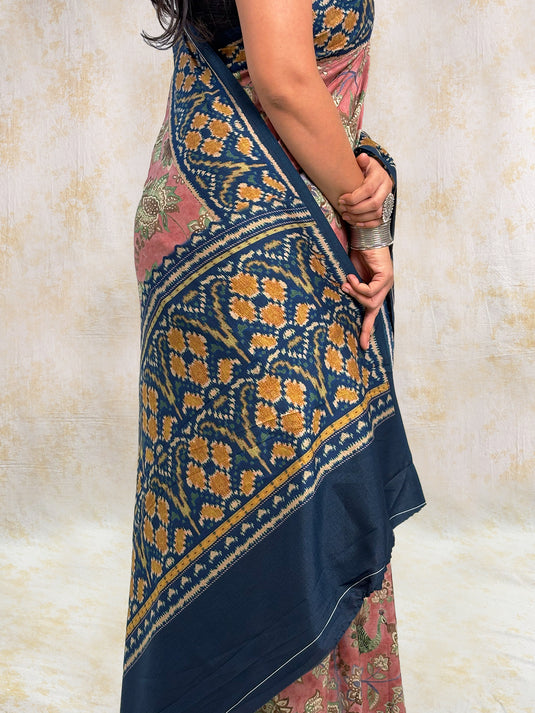 Pink Tussar Silk Kalamkari Printed Saree