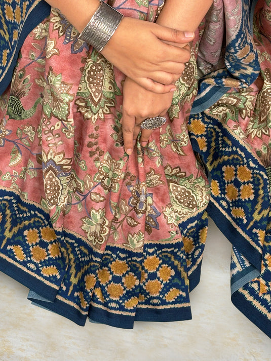 Pink Tussar Silk Kalamkari Printed Saree