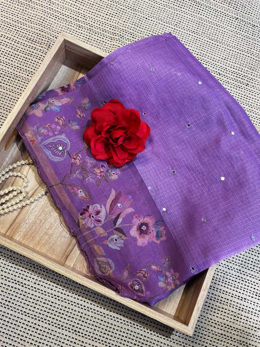 Purple Kota Silk Printed Saree