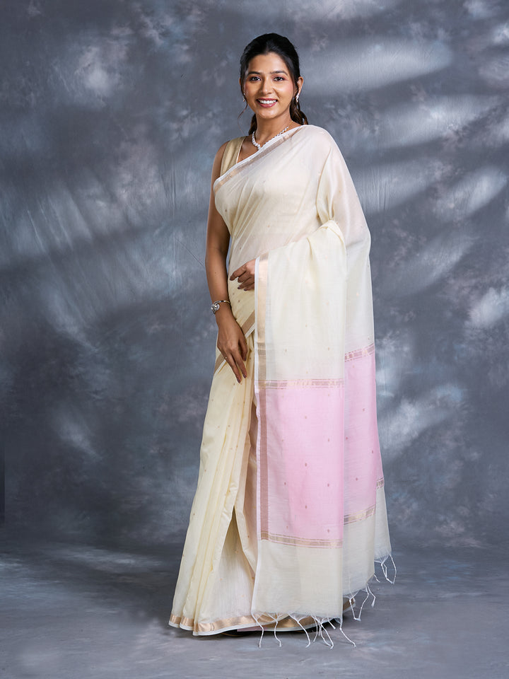 Cream Chanderi Mulmul Zari Woven Saree