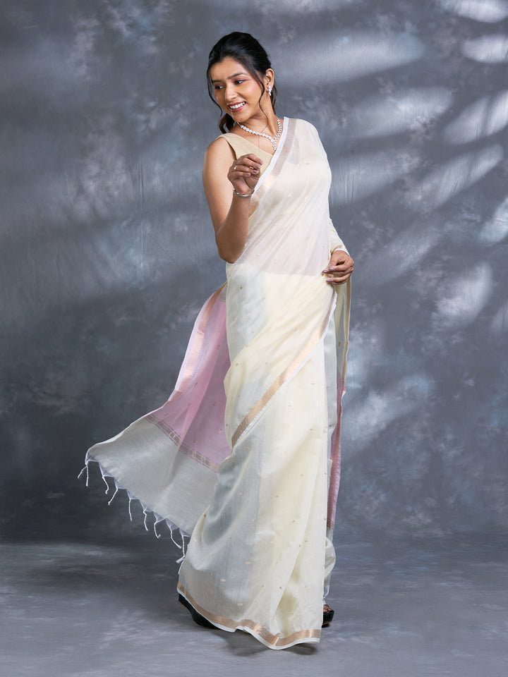Cream Chanderi Mulmul Zari Woven Saree