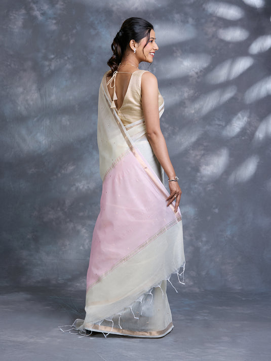 Cream Chanderi Mulmul Zari Woven Saree