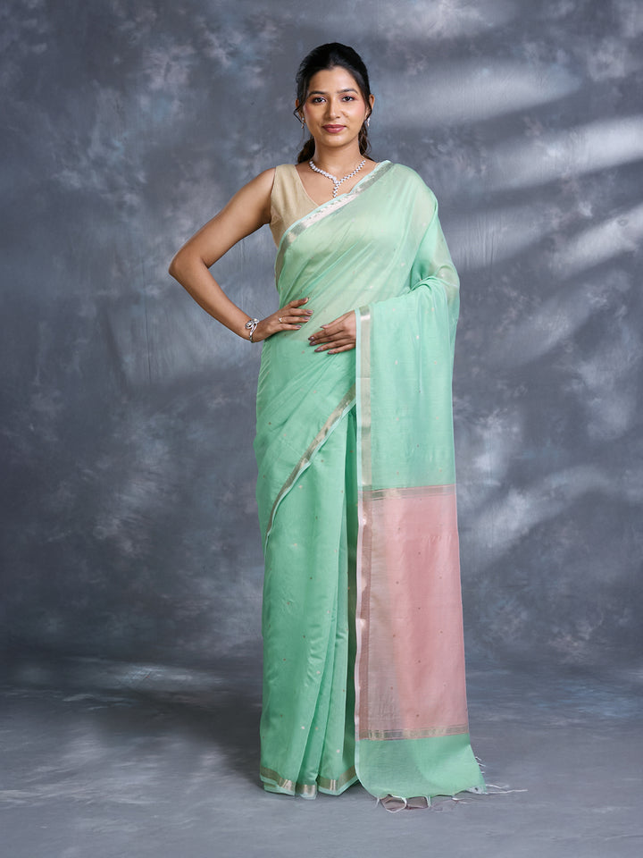 Green Chanderi Mulmul Zari Woven Saree