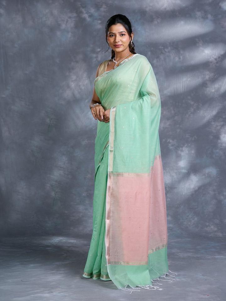 Green Chanderi Mulmul Zari Woven Saree